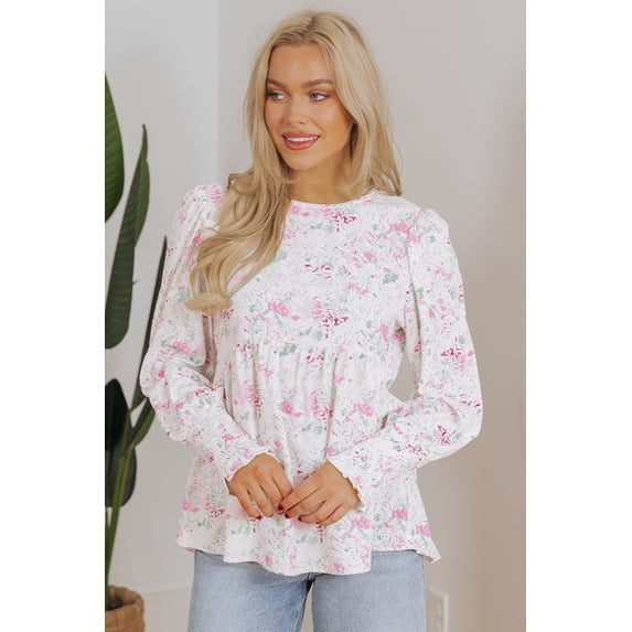 Pink Floral Print Shirred Balloon Sleeve Keyhole Back Babydoll Blouse