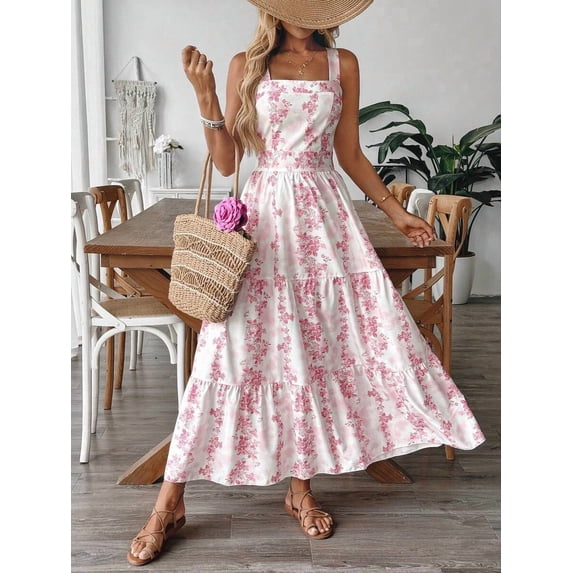Pink Floral Print Sleeveless Tiered Maxi Dress With Square Neckline For Women