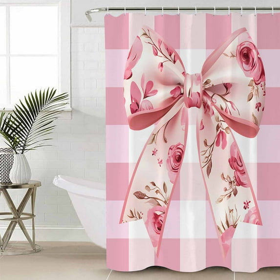 Pink Floral Print Small Stall Shower Curtain, Waterproof Shower Curtains for Bathroom, Checkered Bow Rose Flower Gingham Washable Fabric Cloth Bath Curtain for Bathtub with Hooks 36x72 Inches