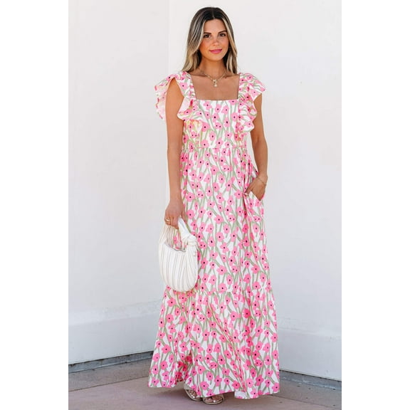 Pink Floral Print Square Neck Ruffled Strap Maxi Dress
