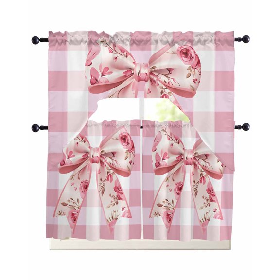 Pink Floral Print Swag Curtains for Living Room/Bedroom Windows, Checkered Bow Rose Flower Gingham Kitchen Curtains and Valances Set 36 Inch Length, Light Filtering Swags Valance Curtain Panels