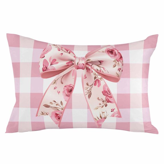 Pink Floral Print Throw Pillow Cover 12 x 20 Inch Decorative Pillow Cover Checkered Bow Rose Flower Gingham Lumbar Pillowcase Seasonal Rectangle Cushion Case for Couch Sofa Bed Living Room
