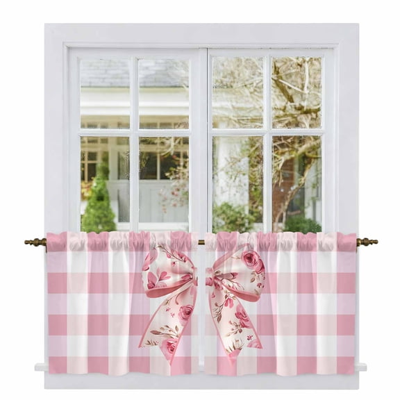 Pink Floral Print Tier Curtains, Checkered Bow Rose Flower Gingham Light Filtering Kitchen Curtains, 2Pcs Rod Pocket Half Window Treatments Panels for Sink Cafe Cabinet Camper 27.5x24 Inches