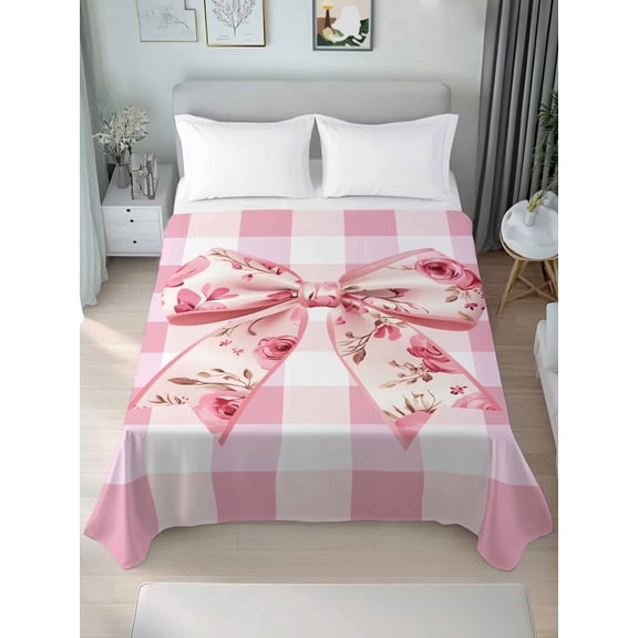 Pink Floral Print Twim Size Flat Sheet, Wrinkleproof & Fadeproof Cooling Flat Bed Sheet Only, Checkered Bow Rose Flower Gingham Breathable Soft Bedding Top Sheets 66 x 96 Inches