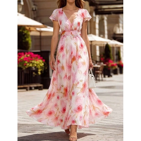Pink Floral Print V-Neck Romantic Elegant Long Maxi Dress