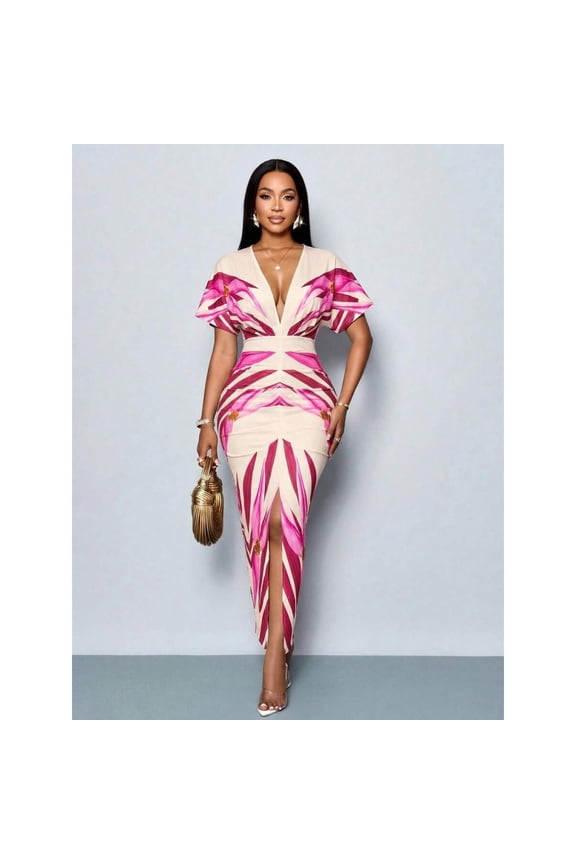 Pink Floral Print V-Neck Split Thigh Bodycon Party Dress For Spring Summer Holiday