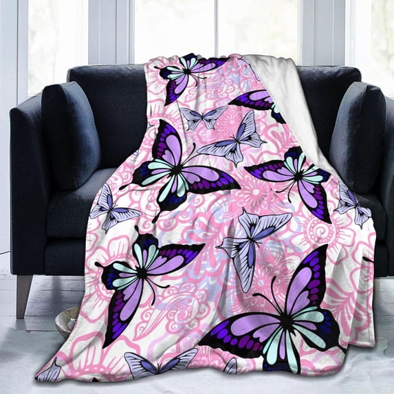 Pink Floral Purple Butterfly Blanket, Soft Blankets Flannel Bed Throw Cozy Lightweight Plush Gifts for Women Girls Sofa Couch Bedroom Living Rooms Warm All Season, Home Decor, 60"x50"