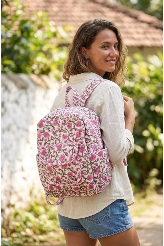 Pink Floral Quilted Cotton Backpack | Block Print Boho Travel Bag
