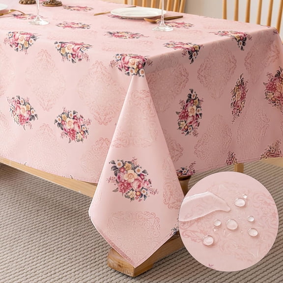 Pink Floral Rectangle Tablecloth Vintage Shabby Chic Flower Table Cloth Spring Table Cover Waterproof for Dinner Kitchen Picnic, Pink, 60x84 Inches