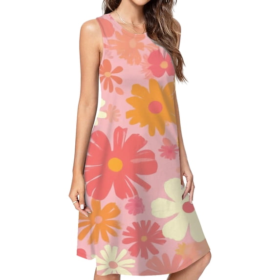 Pink Floral Retro Seventies Design Casual Sleeveless Loose Sundress Dress For Women Summer Dress Daily Woman