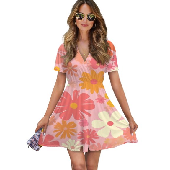 Pink Floral Retro Seventies Design Women Dress V-Neck Short Sleeve Flowy Swing Party Midi Dress