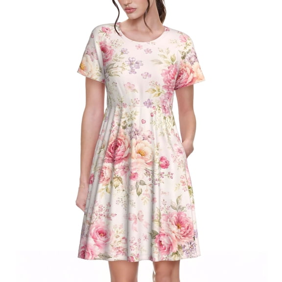 Pink Floral Rose Dresses Short Sleeve Nightdresses for Women