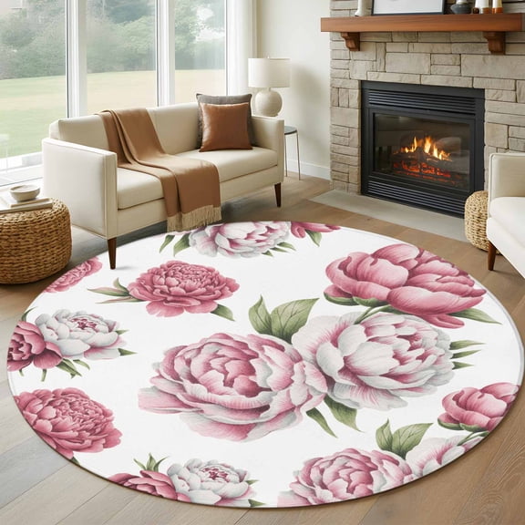 Pink Floral Round Area Rug 6 FT, Non Slip Bedroom Area Rug, Spring Summer Modern Flower Leaf Washable Soft Circular Carpet Non-Shedding Floor Mat for Kitchen Dining Room Home Office Kids Room