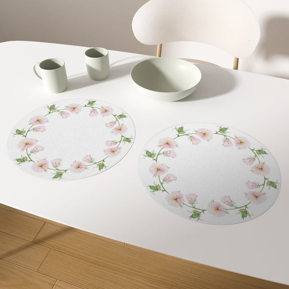 Pink Floral Round Placemats Set of 2 Spring Boho Bohemian Linen Double-Sided Dining Table Place Mat,14 inch