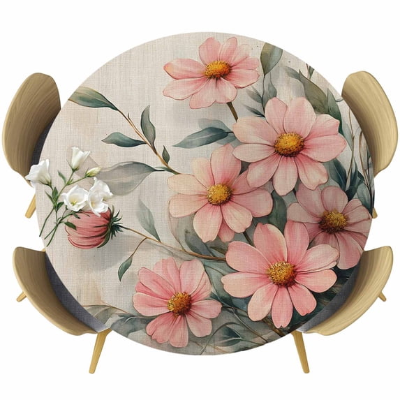 Pink Floral Round Tablecloth 36-44 Inch Round Fitted Table Cloth with Elastic Edge, Spring Flowers Pastoral Retro Beige Waterproof Table Cover Protector for Outdoor Picnic Party Dining