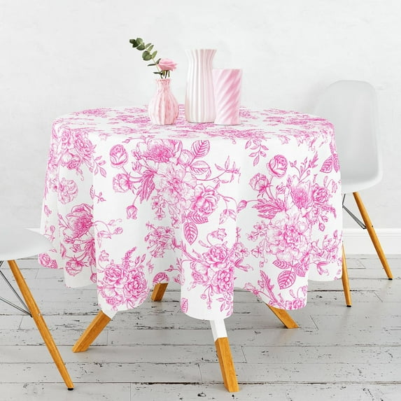 Pink Floral Round Tablecloth 60 Inch Chinoiserie Flower Fabric Table Cloth Washable Table Cover for Picnic Dinner Table Decoration