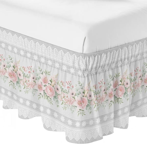 Pink Floral Ruffle Bed Skirt Queen Size Botanical Peony Garland Strip Lace Border Rustic Gray Adjustable Elastic Dust Bed Skirts Wrap Around Bedskirt Wrinkle Free Easy Fit with 18 Inch Drop