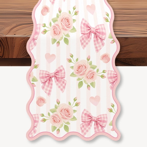 Pink Floral Scalloped Edge Table Runner 72x13 Inch Pink White Stripes Linen Kitchen Dining Desk Decor Farmhouse Table Runners