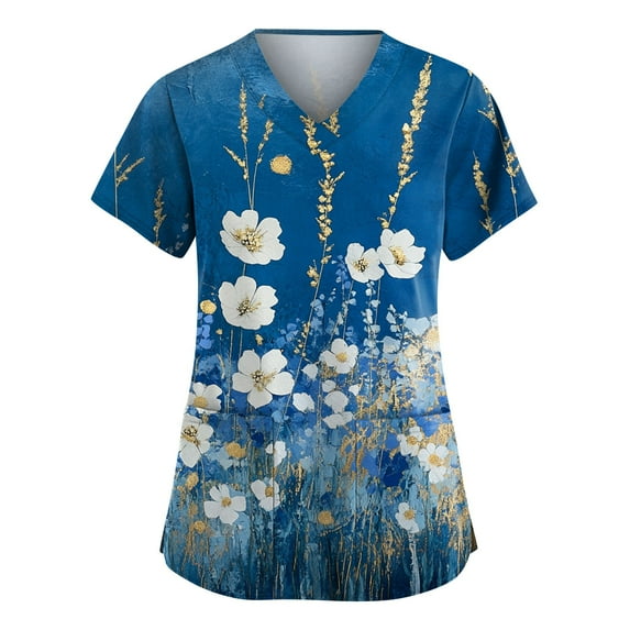 Pink Floral Scrubs For Nurses, Polyester-Spandex Workwear Loose Fit Scrub Shirts Nurses Colourful Print Tops Printed Women Vintage Dress Dresses Summer 2025 Womens Casual Blue