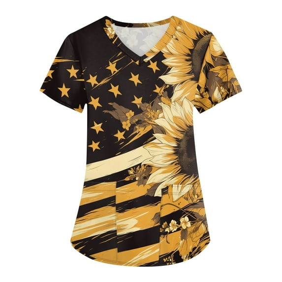 Pink Floral Scrubs For Nurses, Polyester-Spandex Workwear Loose Fit Scrub Shirts Nurses Colourful Print Tops Printed Women Vintage Dress Dresses Summer 2025 Womens Casual Yellow