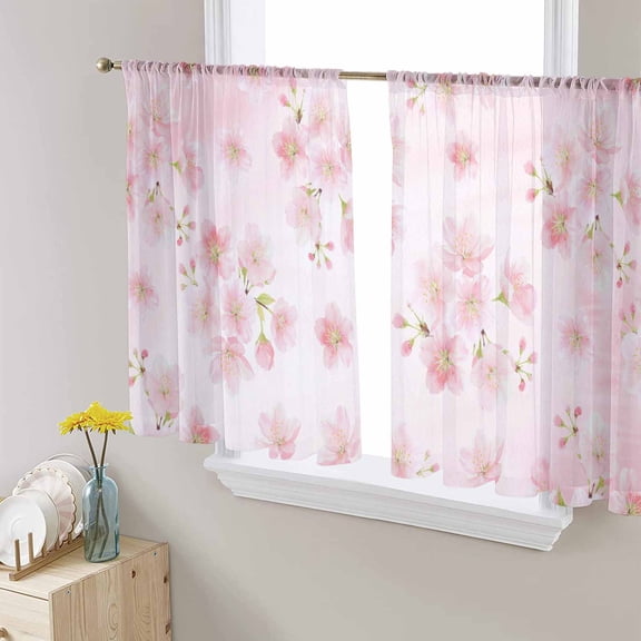Pink Floral Sheer Curtains 45 Inch Length 2 Panels Set, Semi Transparent Voile Rod Pocket Curtains for Living Dining Room Bedroom Drapes Modern Farmhouse Aesthetic Shabby Chic Flower
