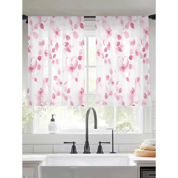 Pink Floral Sheer Curtains 45 Inches Long 2 Panels Watercolor Flower Light Filtering Semi Sheer Window Curtains Drapes for Bedroom Living Room 52"x45"