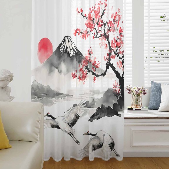 Pink Floral Sheer Curtains 45 Inches Long for Living Room/Bedroom, Tree Birds Mountain Retro Art Botanical Rod Pocket Voile Kitchen Curtains & Drapes Window Treatment 1 Panel, 52"W x 45"L