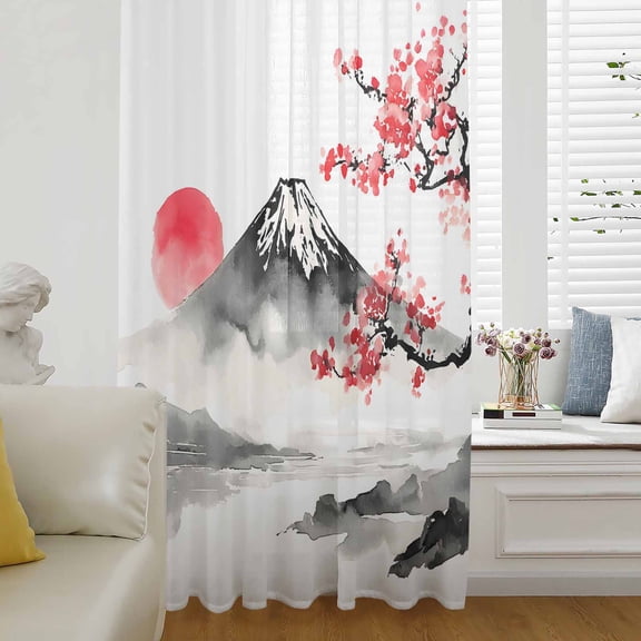 Pink Floral Sheer Curtains 45 Inches Long for Living Room/Bedroom, Tree Mountain Retro Art Botanical Rod Pocket Voile Kitchen Curtains & Drapes Window Treatment 1 Panel, 52"W x 45"L