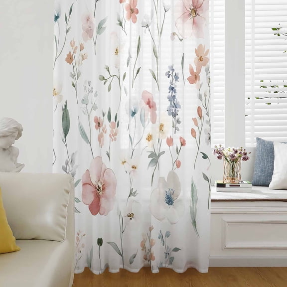 Pink Floral Sheer Curtains 54 Inch Length, Light Filtering Voile Curtain Panel, Farmhouse Watercolor Spring Flowers Herbs Rod Pocket Drapes Window Treatments for Living Room Bedroom 52"x54"