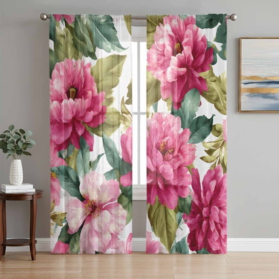 Pink Floral Sheer Curtains 63 Inch Length 2 Panels Set, Watercolor Flowers Leaves Plants Watercolor Voile Window Treatment Rod Pocket Curtains Sheers Drapes for Bedroom/Living Room/Kitchen 52x"63"x2