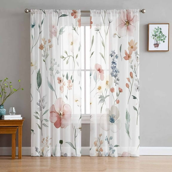 Pink Floral Sheer Curtains 63 Inches Length 2 Panels Set, Window Sheer Curtains for Living Room/Bedroom, Farmhouse Watercolor Spring Flowers Herbs Light Filtering Rod Pocket Curtain 52'' x 63'' x 2