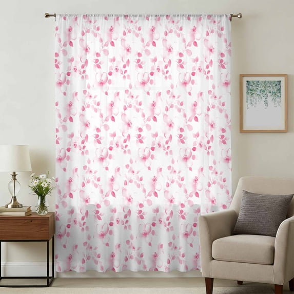 Pink Floral Sheer Curtains 63 Inches Long, Retro Blossom Flower Botanical Country Light Filering Curtains, Breathable Simi Curtain Privacy Drapes for Living Room Bedroom Lightweight Window Treatment