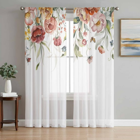 Pink Floral Sheer Curtains 84 Inch Length 2 Panels Set, Spring Pastoral Botanical Wildflowers Leaves Voile Window Treatment Rod Pocket Curtains Sheers Drapes for Bedroom/Living Room/Kitchen 52"x84"x2