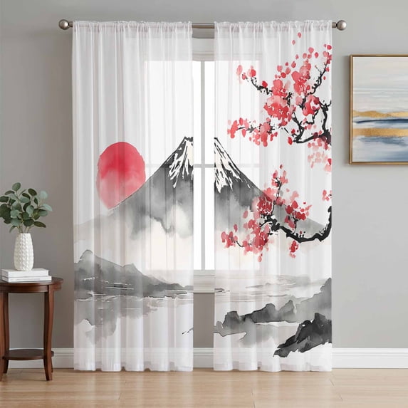 Pink Floral Sheer Curtains 84 Inch Length 2 Panels Set Window Treatments, Tree Mountain Retro Art Botanical Rod Pocket Semi Curtains for Living Room/Bedroom/Kitchen Décor, 104"W x 84"L