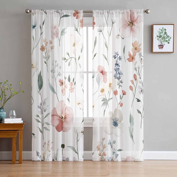 Pink Floral Sheer Curtains 84 Inches Long 2 Panels Set, Window Sheer Curtains for Living Room/Bedroom, Farmhouse Watercolor Spring Flowers Herbs Light Filtering Rod Pocket Curtain 52'' x 84'' x 2