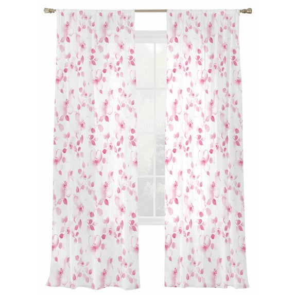 Pink Floral Sheer Curtains for Living Room Bedroom, Light-filtering Sheer Curtain, Watercolor Flower Rod Pocket Voile Window Treatment Drapes, 52’’Wx84’’L, 2 Panels Set
