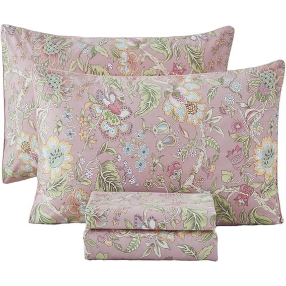 Pink Floral Sheet Set Queen Size 4-Pieces 100% Cotton Percale Sheets for Queen Bed Shabby Vintage Flowers Bed Sheets Queen Soft Crisp Luxury Bedding Set, Deep Pocket Sheets