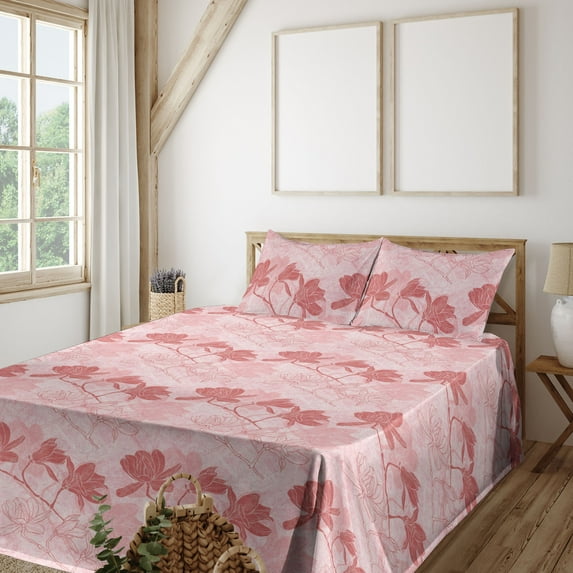 Ambesonne Pink Floral Fitted & Flat Sheet with Shams 4 Pcs Set, Magnolia Flowers Spring, Queen, Pale Ruby Rose Blush