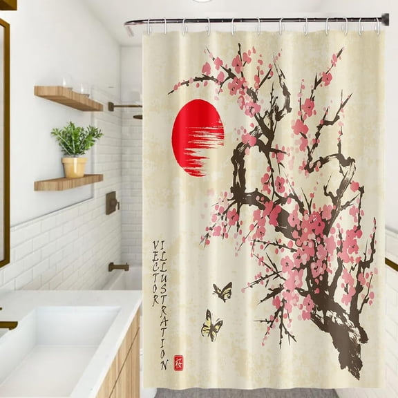 Pink Floral Shower Curtain 72Wx72H Inch Asian Japanese Vintage Cherry Blossom Flower Shower Curtain Traditional Ink Art Polyester Fabric Waterproof for Bathroom Home Decor with Hooks