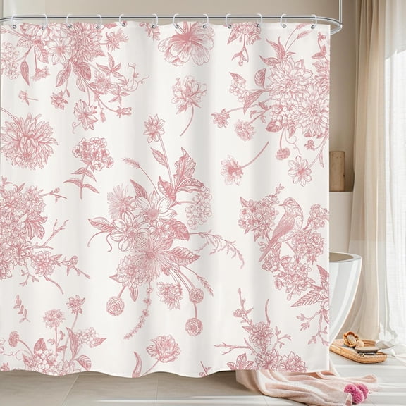 Pink Floral Shower Curtain 72Wx72H Inches Vintage Boho Blossom Bird Retro Rustic Farmhouse Chinoiserie Aesthetic Cream Fabric Waterproof Polyester Bathroom Home Decor Set with Hooks