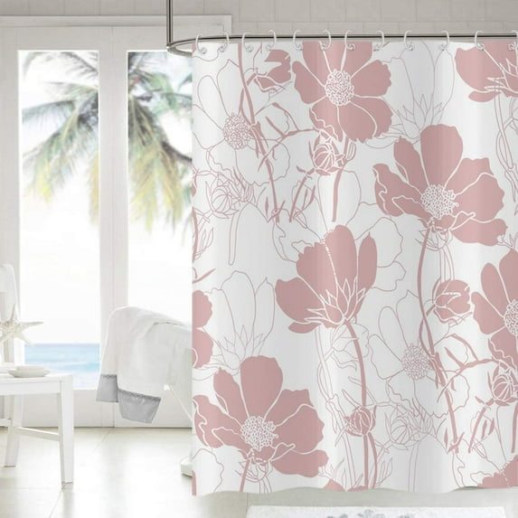 Pink Floral Shower Curtain, Abstract Aesthetic Flower Botanical Sketch Print Bathroom Curtain for Bathtub Home Decor Waterproof Fabric Machine Washable with 12 Hooks
