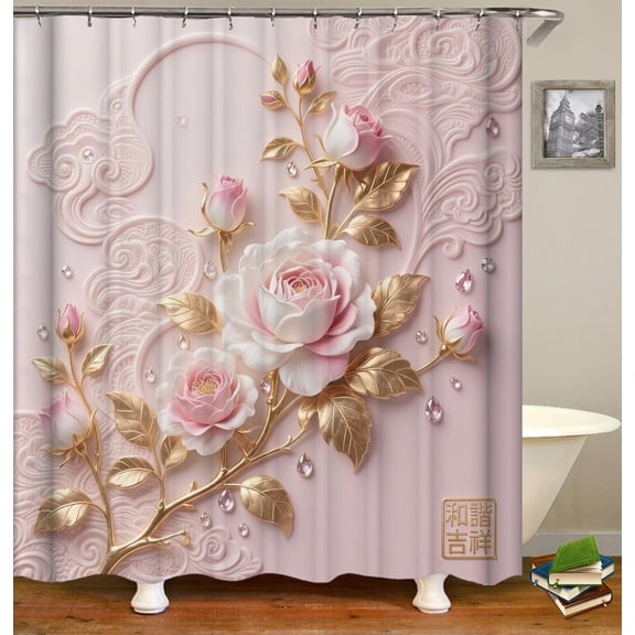 Pink Floral Shower Curtain Abstract Modern Spring Flower Blossom Elegant Botanical Luxury Marble Summer Cloth Fabric Waterproof Polyester Bathroom Decor Set with Hooks-72"W x 72"L (Pack of 1)
