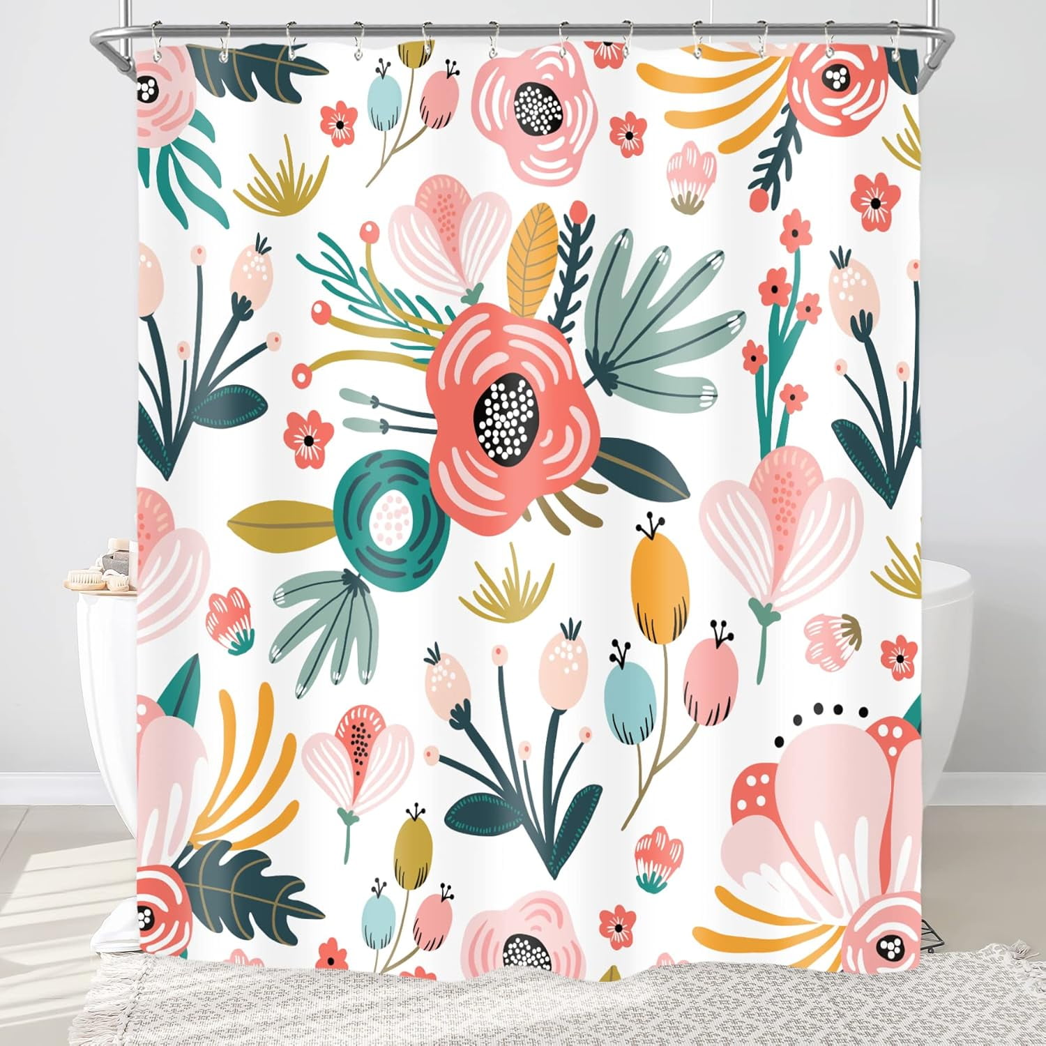 Pink Floral Watercolor Shower Curtain with Tropical Leaves, 72Wx72H, Polyester