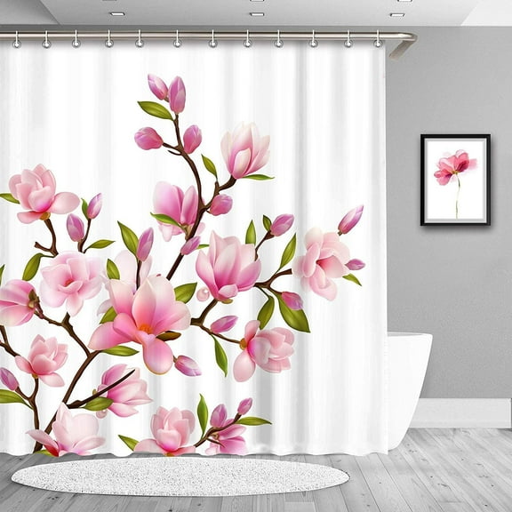 Pink Floral Shower Curtain for Bathroom Flower Shower Curtain Pink Shower Curtain Flowered Pink and White Bright Pretty Floral Bathroom Decor, 72" W X 72" H