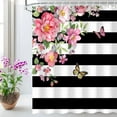 thumbnail image 1 of Pink Floral Shower Curtain, Black and White Stripes Fabric Bathroom Curtain Set with Hooks, Pink and Black Shower Curtain, Rose with Butterfly and Leaves Pattern Machine Washable 72Wx84H Inches, 1 of 6