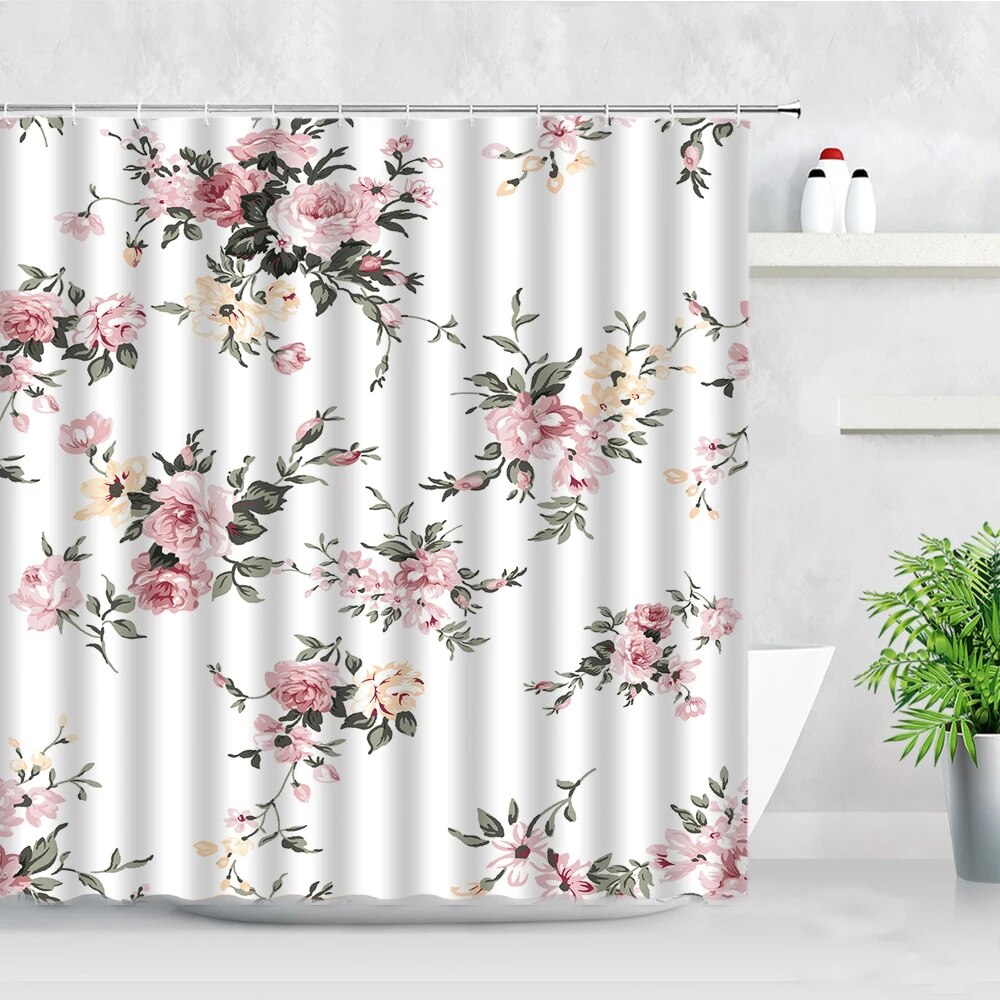 Pink Floral Shower Curtain Butterfly Rose Flowers Plant Creative Home