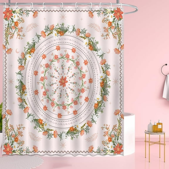 Pink Floral Shower Curtain Mandala Medallion Shower Curtain for Bathroom Waterproof Fabric Boho Flower Bathroom Cutain with 12 Hooks 72x72 Inches