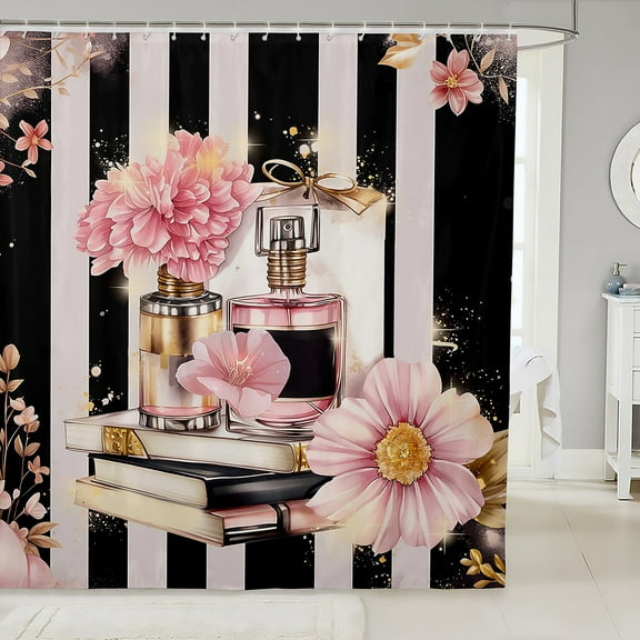 Pink Floral Shower Curtain Modern Fashion Girly Bath Curtain Romantic Makeup Themed Bathroom Decor Black White Stripe Waterproof Curtain Women Perfume Print Curtain,72" W x 72" L
