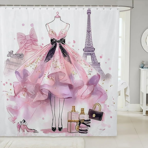 Pink Floral Shower Curtain Modern Fashion Girly Bath Curtain Romantic Makeup Themed Bathroom Decor Black White Stripe Waterproof Women Perfume Print, 60" W x 72" L