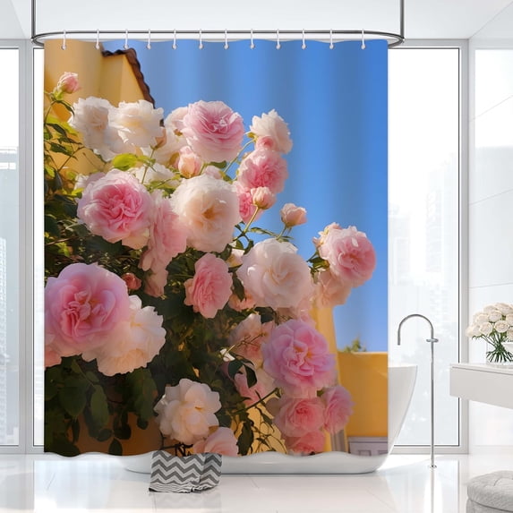 Pink Floral Shower Curtain, Rustic Shower Curtain, Rose Flower Shower Curtain Set Waterproof Bath Curtain Bathroom Decor with 12 Hooks, 72x72 inches (White)